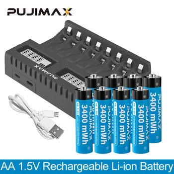PUJIMAX 4шт 1,5 В AA Аккумуляторная Батарея 3400 МВтч Литий-ионная Аккумуляторная батарея + AA Умное Зарядное Устройство Для Электрической Игрушки