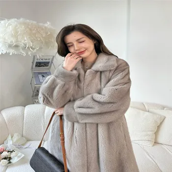 Зимой новое длинное пальто из меха хайнинской норки, модное женское пальто с отворотом из цельной норки.