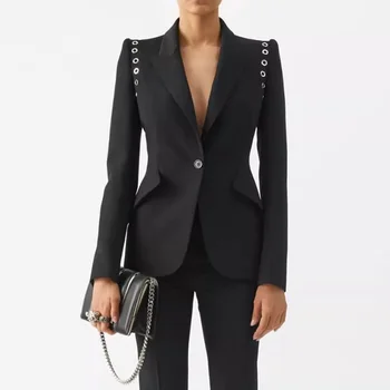 2023FW новый женский костюм с воротником-стойкой, однотонный костюм на одной пуговице, украшение в виде петельки, куртка y2k, модная уличная черная повседневная куртка