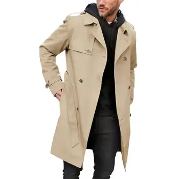 Мужское приталенное Длинное пальто, Стильные мужские двубортные Длинные пальто с карманами на лацканах на Осень-зиму, Приталенная уличная одежда с поясом