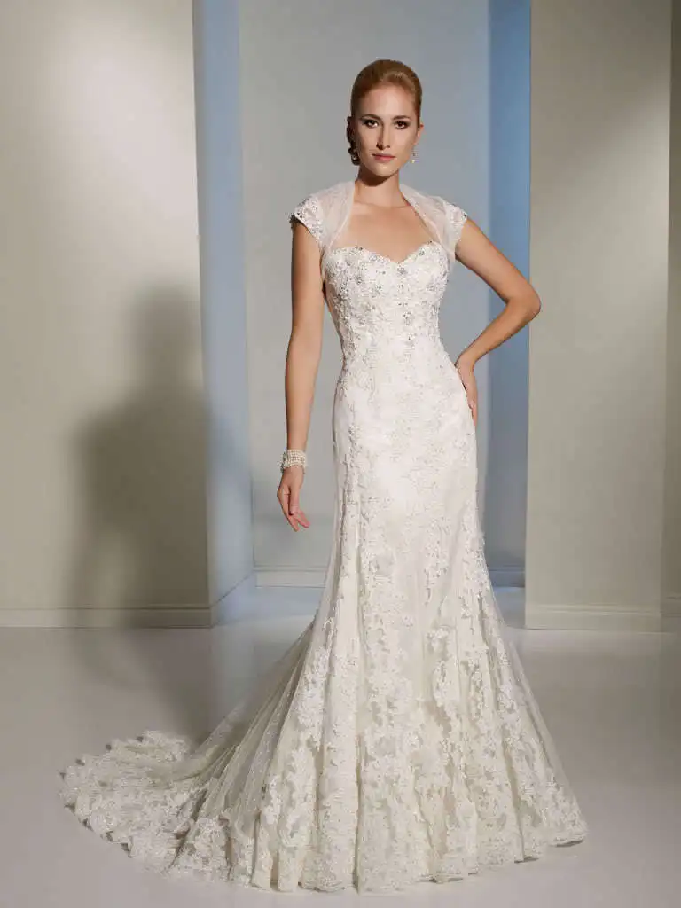 vestido de noiva невесты 2015, бисероплетение, сексуальная милая кружевная аппликация, Свадебное платье русалки с жакетом, бесплатная доставка