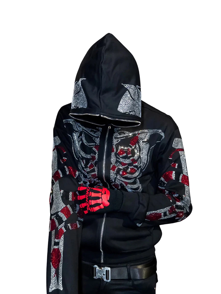 Женская Готическая толстовка Оверсайз с рисунком скелета паука со стразами - Y2K Панк-куртка для уличной одежды и моды в стиле харадзюку -
