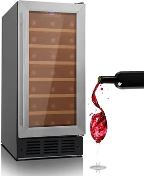 15-дюймовый Винный холодильник Под стойкой, Встроенный Винный холодильник на 31 бутылку с деревянной полкой, Цифровой контроль температуры, Двойной Реверсивный