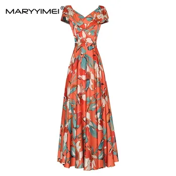 Женское Модное дизайнерское платье MARYYIMEI с V-образным вырезом и оборками, Короткими рукавами и цветочным принтом, Поясом, Элегантные Вечерние Длинные Платья
