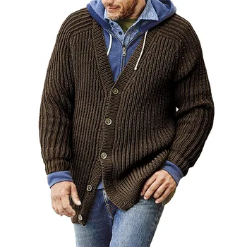 Мужская куртка 2022, осень-зима, однотонный Свободный вязаный свитер с V-образным вырезом и длинным рукавом, пальто, Мужской однобортный кардиган, топы