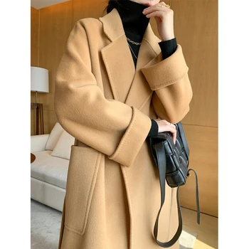 Высококачественное двустороннее кашемировое пальто, Женская толстая однотонная модная шерстяная женская верхняя одежда с волнистостью воды, осень-зима, Длинный стиль