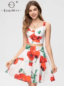 SEQINYY Sicily/ Комплект на лето и Весну, Новый Модный Дизайн, Женский укороченный топ для подиума, Хай-стрит, мини-юбка, Винтажный Красный Цветочный принт