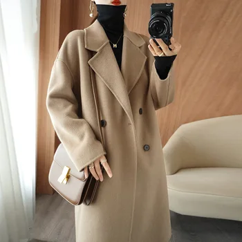 Женские шерстяные пальто размера S-L, Осенне-зимние женские куртки с отложным воротником, Свободная Модная простая женская верхняя одежда Hw274