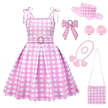 Новое розовое клетчатое платье принцессы для девочек на подтяжках для детского фильма, ролевой костюм на Хэллоуин, платье с бантом для свадебной вечеринки для девочек