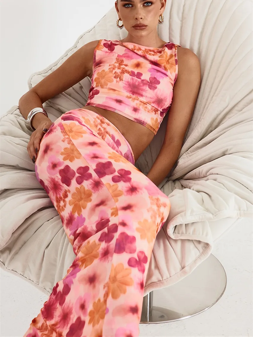 Hirigin, комплект юбок y2k из 2 предметов, цветочный принт, укороченный топ без рукавов с круглым вырезом и низкой талией, облегающая длинная юбка, летний наряд