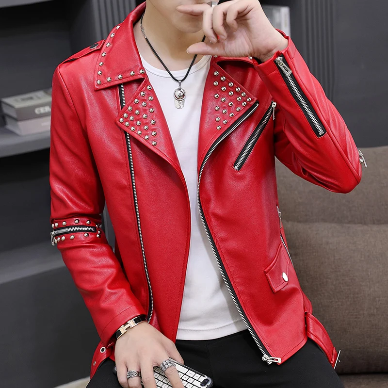 S-2XL Персонализированная Осенняя мужская кожаная куртка с лацканами, Тонкая корейская красивая мотоциклетная куртка с заклепками, Молодежная куртка из искусственной кожи Tide