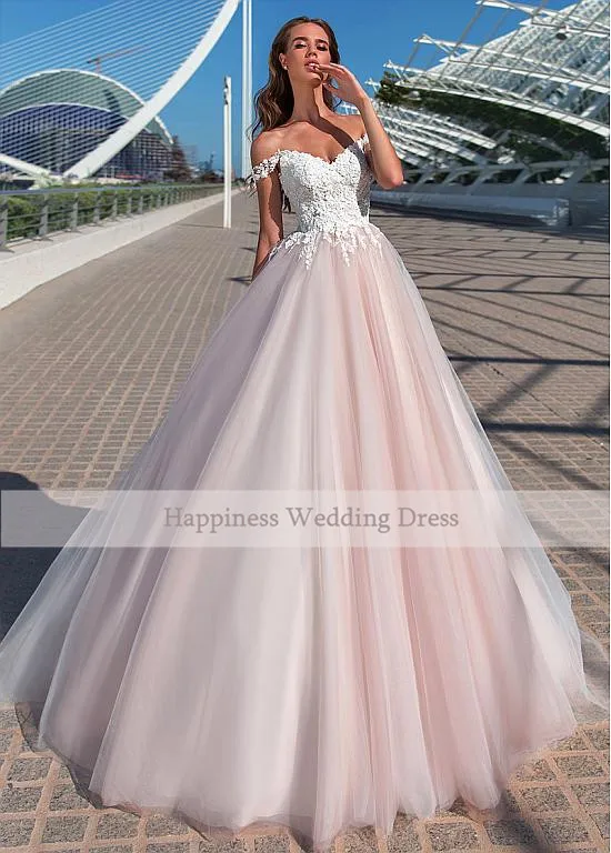 Бело-розовое Свадебное платье из тюля С открытыми плечами И аппликацией в виде сердечка, Свадебные платья на шнуровке сзади, Свадебные платья 2020