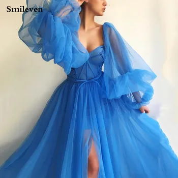 Smileven/ Синие Платья для Выпускного Вечера с длинным Пышным рукавом, Тюлевое Вечернее платье на шнуровке с открытой спиной, Вечернее платье для вечеринки, Халат De Soiree