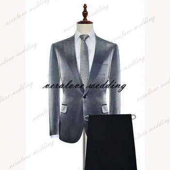 Бархатные мужские костюмы серебристо-серого цвета, приталенный крой на одной пуговице, двойка (куртка + брюки) Блейзер, Смокинги для жениха, деловая одежда для вечеринок