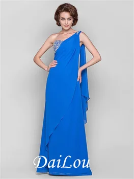 Платье-футляр/колонна длиной до пола на одно плечо /шифоновое платье для матери невесты со шлейфом Ватто, расшитое бисером 2021