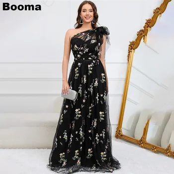 Booma Черные платья для выпускного вечера Трапециевидной формы с вышивкой, Кружевные Длинные вечерние платья с цветочным рисунком на одно плечо, платья для официальных вечеринок для женщин