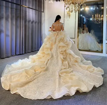 Свадебные платья со сверкающими кристаллами, расшитые бисером, 2023, пышные платья для свадебных вечеринок в церкви с длинным шлейфом, Vestidos De Noiva