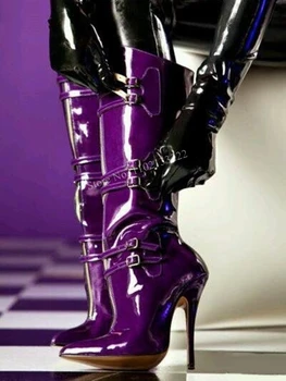 Фиолетовые сапоги до середины икры на молнии, Женская однотонная обувь, Бесплатная доставка, Модный показ на супер тонком высоком каблуке, элегантная обувь для вечеринок
