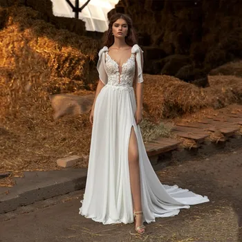 Сексуальное Свадебное платье Трапециевидной формы с V-образным вырезом, без рукавов, с бантом, с цветочными кружевными аппликациями, с высокой спинкой и разрезом, Шифоновое Платье-халат De Marié