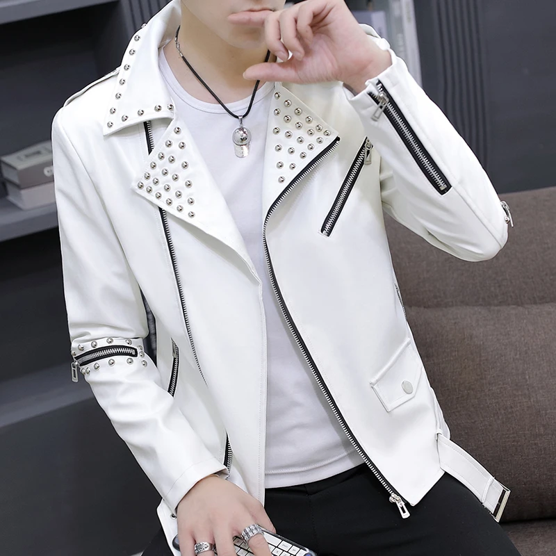 S-2XL Персонализированная Осенняя мужская кожаная куртка с лацканами, Тонкая корейская красивая мотоциклетная куртка с заклепками, Молодежная куртка из искусственной кожи Tide