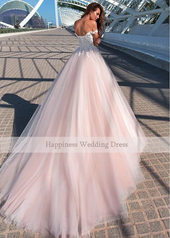 Бело-розовое Свадебное платье из тюля С открытыми плечами И аппликацией в виде сердечка, Свадебные платья на шнуровке сзади, Свадебные платья 2020