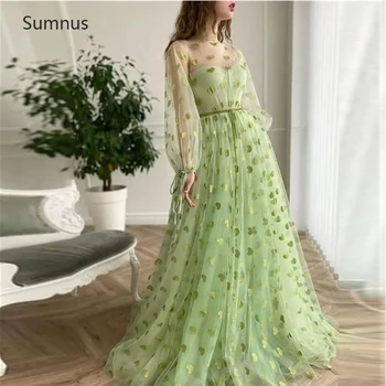 Sumnus Элегантные Вечерние платья зеленого Цвета 2022, Длинные рукава в пол с карманом, Тюлевое Иллюзионное платье для выпускного Вечера, Vestidos De Noche