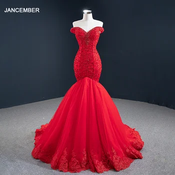 J67150 Red Colour Mermaid Evening Dress 2020 Appliques Beading V-Neck With Sleeveless Off The Shoulder платья в пол вечерние