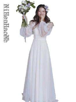 Корейское платье невесты трапециевидной формы с жемчугом, свадебное платье из двух частей с длинным рукавом, Супер Сказочное свадебное платье на заказ