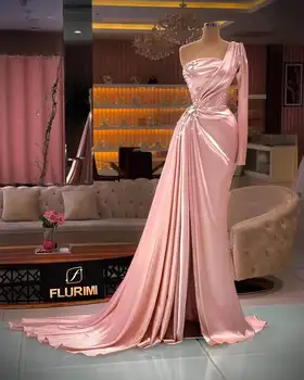 Роскошное розовое платье для выпускного вечера, атласное, расшитое бисером, на одно плечо, с высокой разрезной складкой, С длинным рукавом, вечерние платья Robe De Soirée Femme