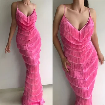 Розовое платье для выпускного вечера с кисточками, Сексуальное Вечернее платье Макси с V-образным вырезом, без рукавов, Русалка, осенние халаты, Юбка для вечеринки В наличии
