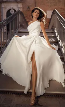 Элегантное Белое свадебное платье на одно плечо, атласное свадебное платье с рюшами в виде русалки, Сексуальное женское свадебное платье с разрезом, Vestido De Novia