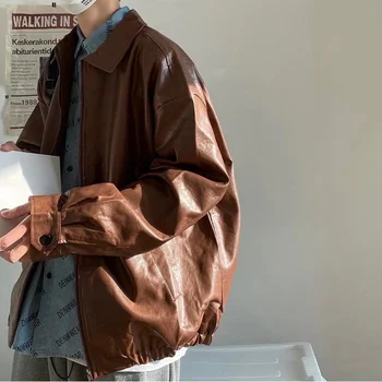 Куртка из искусственной кожи, мужская коричневая мотоциклетная куртка в стиле ретро, Осенняя Корейская мода, уличная Свободная куртка-бомбер на молнии, Пальто Learher