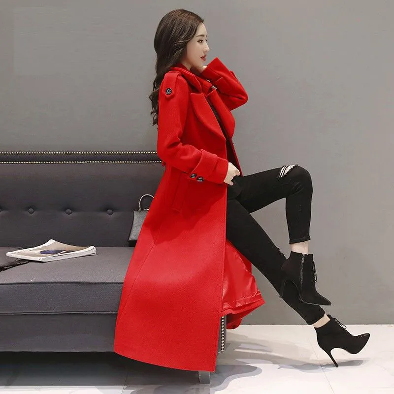 Длинное шерстяное пальто женская новая коллекция осень 2019, южнокорейская коллекция, демонстрация талии, тонкое осеннее шерстяное пальто выше колена