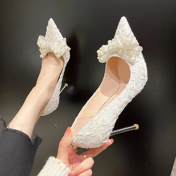 Rimocy/Женские пикантные свадебные туфли на шпильке с жемчугом для невесты, белые туфли-лодочки на тонком высоком каблуке, женские вечерние туфли с острым носком 2022 г.