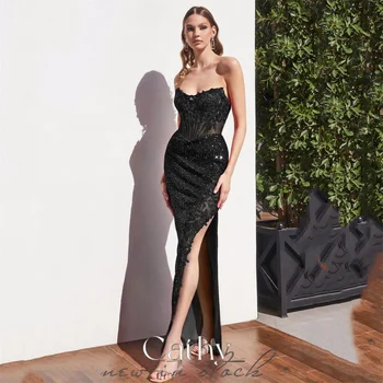 Cathy Блестящее кружевное платье ручной работы с вышивкой Vestidos De Novia, блестящее платье для выпускного вечера без бретелек 2023, черные блестки с разрезом по бокам
