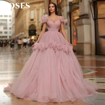 РОЗЫ Элегантные Элегантные розовые 3D Цветы тюлевые платья для выпускного вечера с V-образным вырезом и открытыми плечами, вечерние платья трапециевидной формы, Официальное праздничное платье 2023