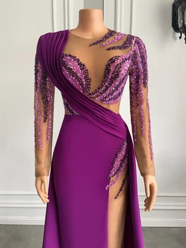 Вечерние платья с длинным рукавом 2023, Роскошный жемчуг настоящего образца, Дубайские Женские фиолетовые атласные прозрачные вечерние платья