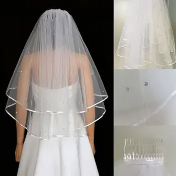 Свадебные вуали Белые 2 яруса для новобрачных, расшитые бисером, длиной до локтя с атласным краем