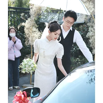 Китайский ципао с длинным кружевом в традиционном стиле, китайские белые платья ципао, праздничные платья для свадьбы H223