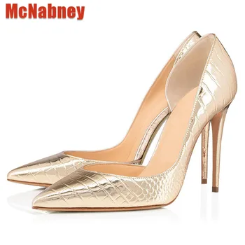 Женские золотистые туфли на высоком каблуке 12 см 33-46, Решетчатая закуска, леопардовый принт, острый носок, Женские туфли на шпильке, вечерние туфли-лодочки, модный дизайн