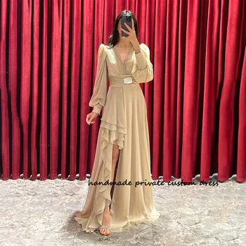 Шифоновые Длинные Арабские вечерние платья цвета шампанского с разрезом по бокам, платья для выпускного вечера в Дубае, Элегантное женское праздничное платье