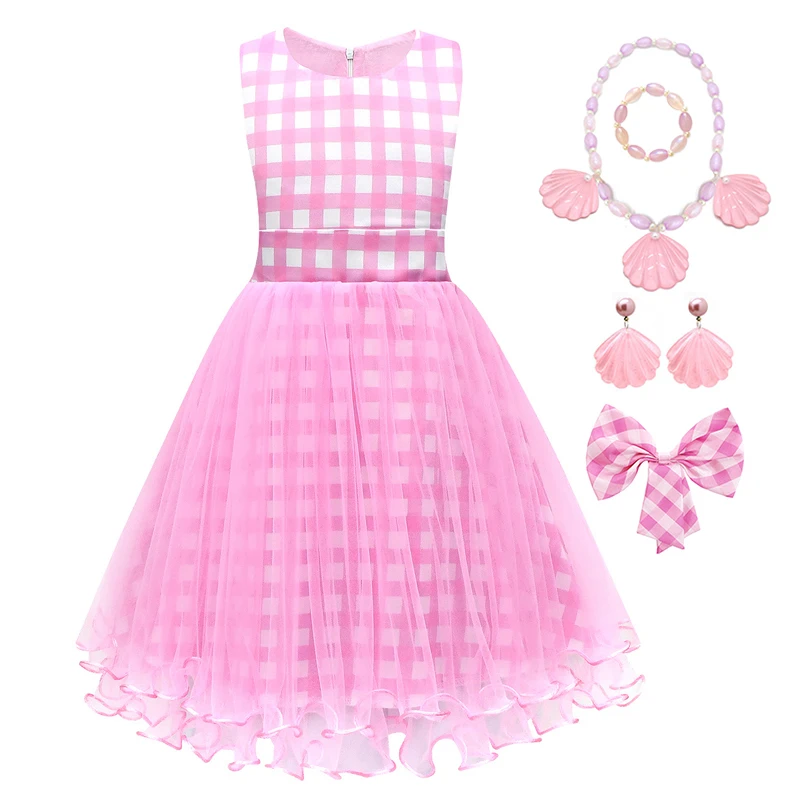 Новое розовое клетчатое платье принцессы для девочек на подтяжках для детского фильма, ролевой костюм на Хэллоуин, платье с бантом для свадебной вечеринки для девочек