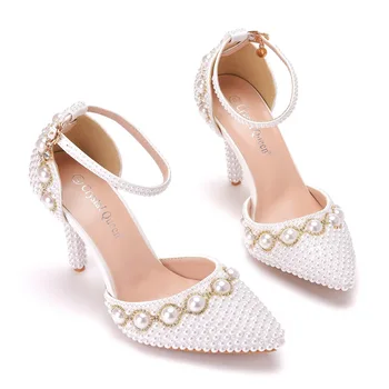 Свадебные Туфли с белым Жемчугом, Босоножки с ремешком на щиколотке, со стразами на каблуке, Вечерние модельные туфли для Подружек Невесты На тонком каблуке, Женская обувь