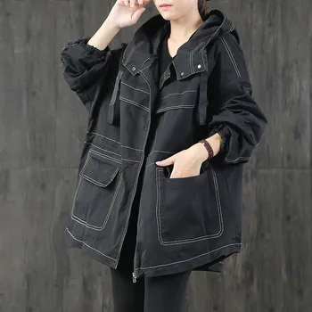 Новое весенне-осеннее Корейское модное женское пальто с длинным рукавом, Свободный тренч с капюшоном, Двойной карман, Повседневное черное длинное пальто V111