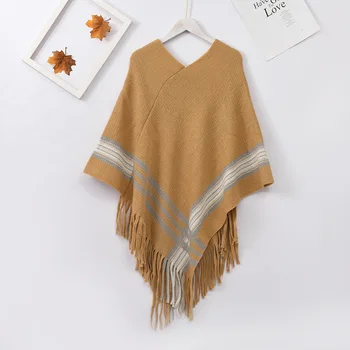 Осенне-зимняя шаль из искусственного кашемира в диагональную полоску, пуловер с теплыми кисточками, женское пончо, накидка, Пуловер, свитер, плащи цвета Хаки